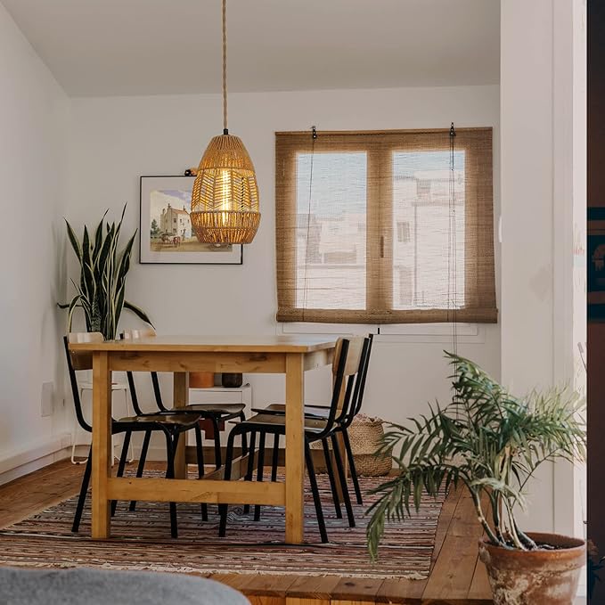 Plug in Pendant Light Rattan Hanging Lights with Plug in Cord 15FT Hemp Rope Cord, On/Off Switch Chandelier for Boho Living Room Bedroom Kitchen（Bulb Included） 11 x 7 inch