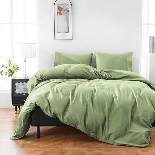100% Organic Cotton Duvet Cover Queen Size 400 Thread Count Sateen Comforter Cover Soft and Breathable Cooling Bedding Set 3 Piece（Olive Green,Queen）