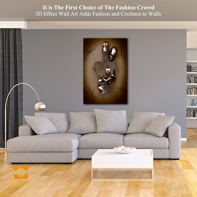 HIPOCAPO 3D Metal Effect Wall Art - Love Heart Canvas Art, Gold Decor for Living Room, Romantic Couple Room Framed 24”x36”x1Pcs 3d Art-17