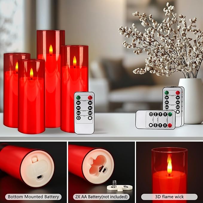 24-Pack Flameless LED Pillar Candles with Remote & Timer - Realistic Flickering Christmas Candles for Holiday Decor, Winter Wedding, Fireplace Mantel, Festive Home Ambiance (Red)