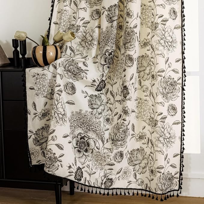 F-CHU Floral Printed Curtains Curtains Living Room Drapes 72 Inch Length Cotton Linen Boho Window Curtain with Tassel Rod Pocket Bedroom Macrame Drapes Flower Curtains, 2 Panel 52" W x 72" L