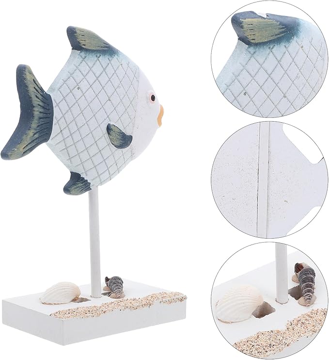LUOZZY 2 Pcs Mediterranean Wooden Fish Statue Coastal Sea Animal Figurine Hand Carved Nautical Sculpture Rustic Home Decor