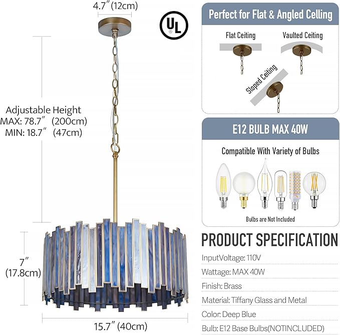 Drum Chandelier 4-Light, Brass Gold Tiffany Pendant Lighting Fixture with Stained Deep Blue Glass Shade, 16” Round Ceiling Hanging Lamp for Bedroom Dining Room Kitchen Entryway Living Room