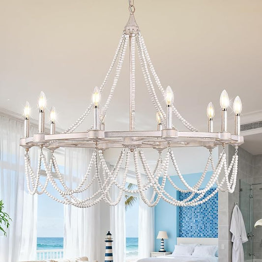 COCOSTAR Large Beaded Dining Room Light Fixture, 36" White Farmhouse Chandelier, French Country Wagon Wheel Chandelier, Coastal Boho Hanging Lighting for High Ceiling,10xE12 Candle Lights