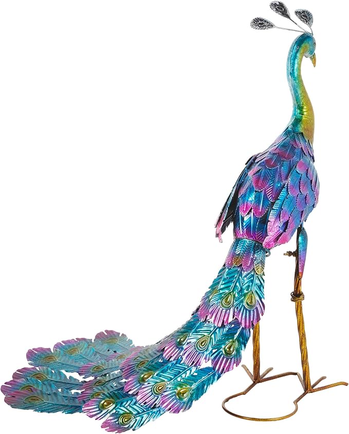 Alpine Corporation 28" Tall Outdoor Metallic Peacock Standing Yard Statue Decoration, Multicolor