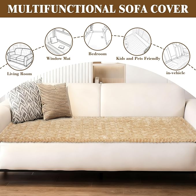 Cekene Turtle Velvet Couch Covers Washable Non-Slip Couch Cushion Covers Fuzzy Sofa Cover for Pets (Camel,27.6" x 59.1")