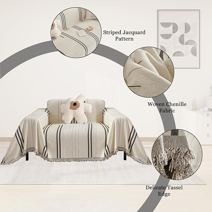 DREAMINGO Armchair Cover Washable Chenille Sofa Protector for Pet Kids Dark Grey Chair Couch Covers for 1 Cushion Couch Stripe Jacquard Versatile Sofa Throw Slipcover for Futon Couch, 71"x91"