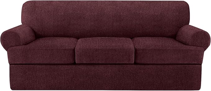 T Cushion Sofa Slipcover 4 Pieces Sofa Covers for T Cushion Couch Soft Sofa Slip Covers Furniture Protector with 3 Individual T Shape Seat Covers (Burgundy, 3 Cushions)