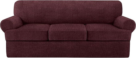 T Cushion Sofa Slipcover 4 Pieces Sofa Covers for T Cushion Couch Soft Sofa Slip Covers Furniture Protector with 3 Individual T Shape Seat Covers (Burgundy, 3 Cushions)