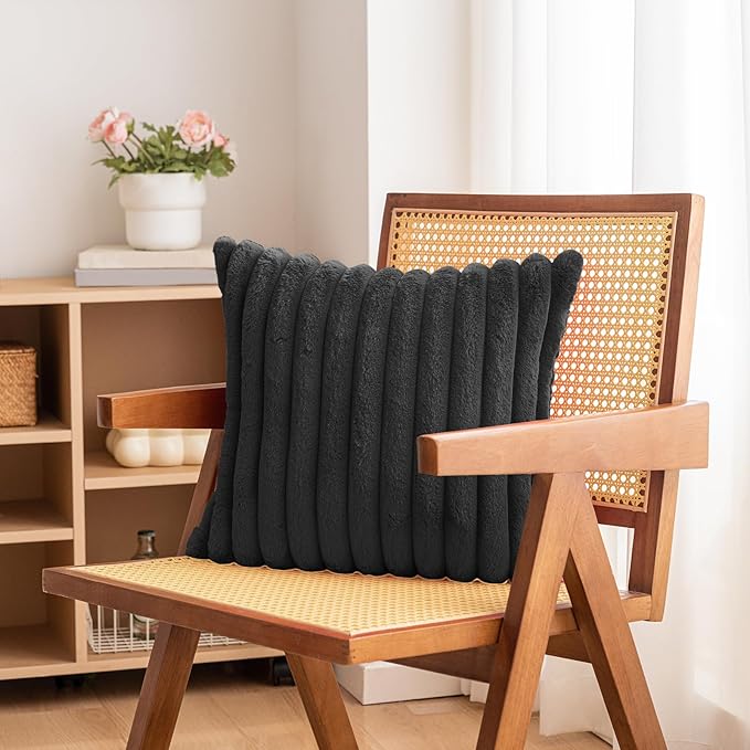 Double-Sided Faux Fur Plush Throw Pillow Covers 22x22 Set of 2 Fuzzy Striped Soft Cozy Pillowcase Luxury Decorative Pillows Square Fluffy Cushion Covers for Couch Sofa Bed,Black