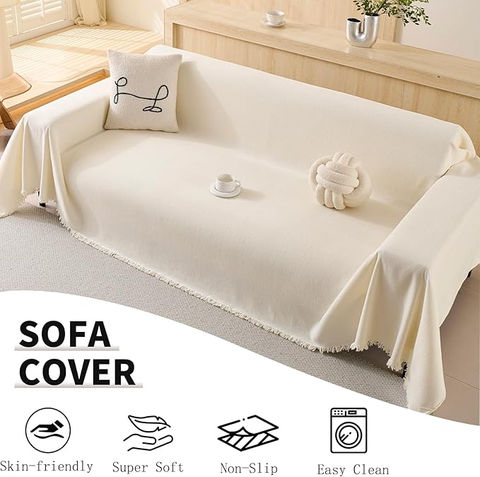 100% Waterproof Couch Cover for Pets Washable Sofa Covers for 3-4 Cushion Couch Sofa SlipCover for Dogs Pet-Friendly Furniture Protector for Living Room with Tassel(71" x 134", Beige)