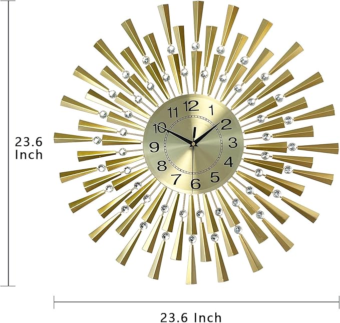 Large Wall Clocks for Living Room Decor Modern Gold Silent Wall Clock Battery Operated Non-Ticking for Bedroom Kitchen Office Home Decorative 24 Inch Retro Crystal Clocks Wall Decor for House