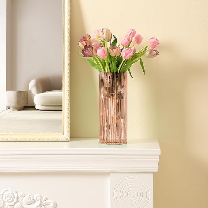 Pink Glass Vase for Flowers Ribbed Glass Vase, Pink Flower Vase, Tall Cylinder Glass Vases for Centerpieces, Living Room, Bedroom, Dining Table, Office, Wedding, Bookshelf Decoration,10 Inches