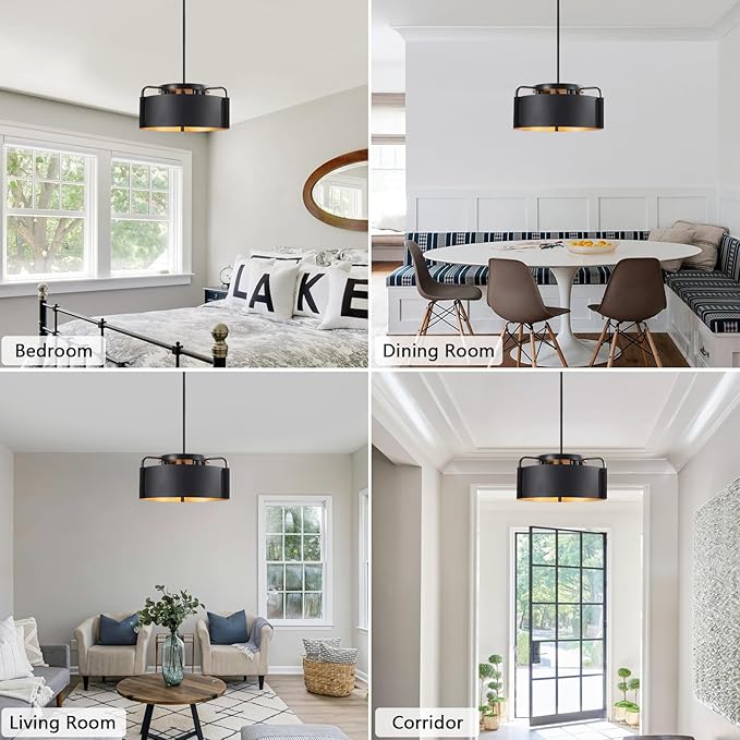 Chandelier, 4-Light Industrial Drum Chandeliers Matte Black Dining Room Light Fixture Flush Mount Pendant Light 18" for Foyer Entryway Kitchen Hallway Bedroom, E26 Base(Not Included Bulb)