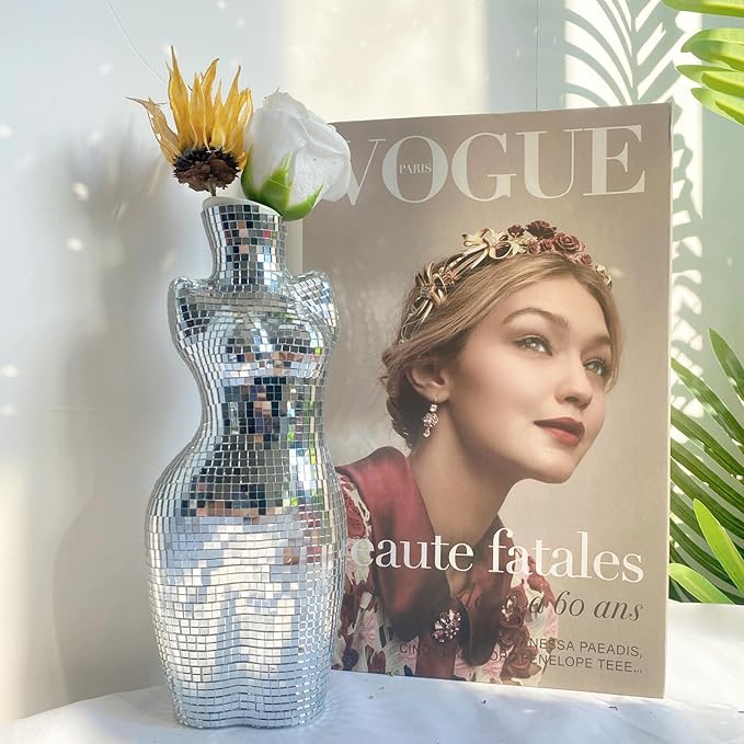8.8 Inch Modern Chic Vase for Decor, Handmade Silver Disco Creative Boho Decor for Home,Table, Bathroom, Curve Art Body Flower Vase, 3.2x2.2x8.8 inches