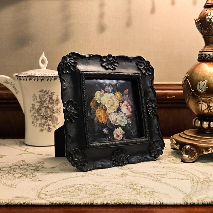 SYLVIA'S SHOP 4x4 Small Vintage Picture Frame, Antique Black Ornate Square Photo Frame, for Tabletop and Wall Display, Decorative Floral Design Retro Home Decor, Photo Gallery Art
