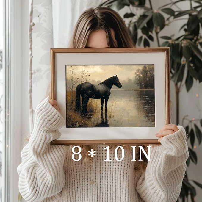 uniro Black Horse Vintage Wall Art Moody Landscape Prints Retro Wall Art Lake Dark Cottagecore Art Foggy Rustic Wall Decor DarkMoodyWallArt