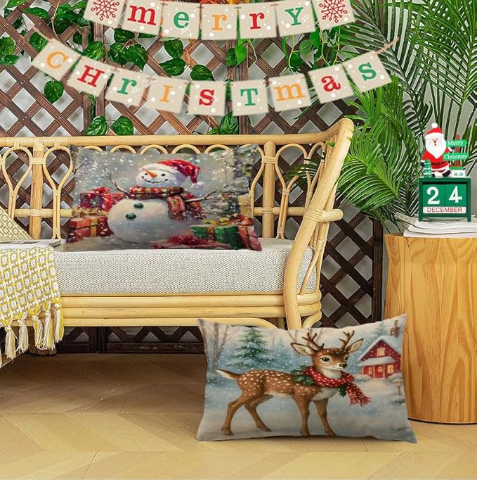 Neatee Living Christmas Pillow Covers 12x20 Set of 4 Farmhouse Xmas Vintage Throw Pillows Christmas Tree Deer Snowman Pillow Cases Outdoor Sofa Couch Cushion Covers for Home Decorations (12 by 20)