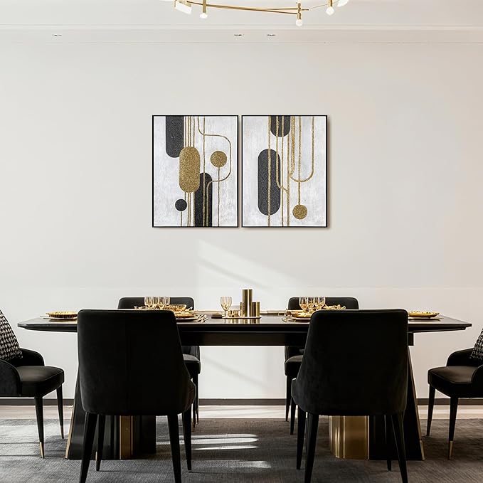 Artiluxy Minimalist Abstract Wall Art Set of 2 – Black and Gold Line Art on White Background, Textured Canvas Geometric Paintings, Modern Aesthetic Decor for Living Room, Bedroom, or Office – 18x24in
