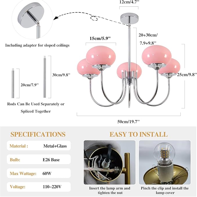 BOKT Nordic Pink Chandelier 5 Heads Chrome Chandelier Pendant Light Fixture Dining Room Oval Glass Globe Ceiling Chandeliers Elegant Decorative Chandeliers for Girls' Bedroom