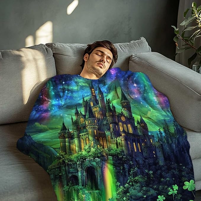 Forest Fantasy Castle Throw Blanket, Medieval and Enchanted Waterfall Stars Blanket for Couch Bedroom Home Decor, Soft and Lightweight Fleece, Machine Washable, 60x80 Inches