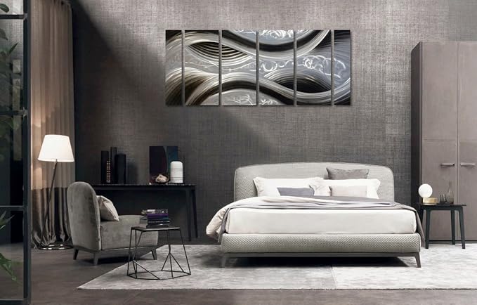 Handcrafted Abstract Metal Wall Art with Soft Color, Large Scale Decor in Black Line Design, 3D Artwork for Indoor Outdoor Wall Decorations, 6-Panels Metal Art Measure 24"x 65"