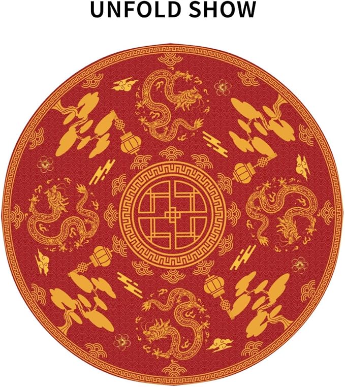 Chinese Tablecloth Round, Red Golden Traditional Zodiac Dragon Vintage Asian Style Oriental Water Resisitant Table Cover for Dining Kitchen Living Room Home Party Holiday Decor 36 inch Round