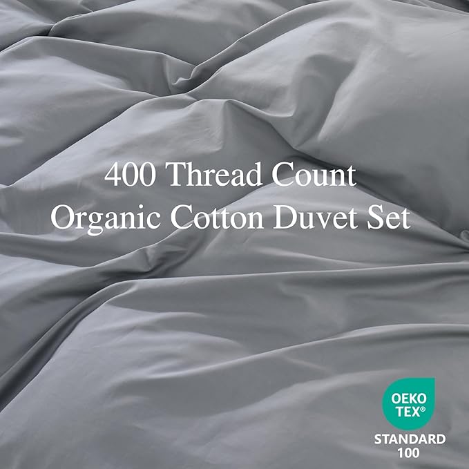 100% Organic Cotton California King Duvet Cover 400 Thread Count Percale 104x98 Inches Sateen Comforter Cover Soft and Breathable Bedding Set 3 Piece（Grey,Cal King）