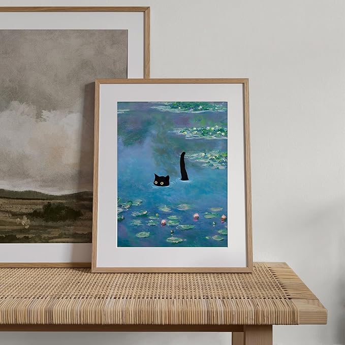 XOCUUI Cat Wall Art Monet Prints Vintage Canvas Wall Art Funny Cat in Water Lilies Posters for Room Bedroom Living Room Bathroom Wall Decor Aesthetic 11" x 14"