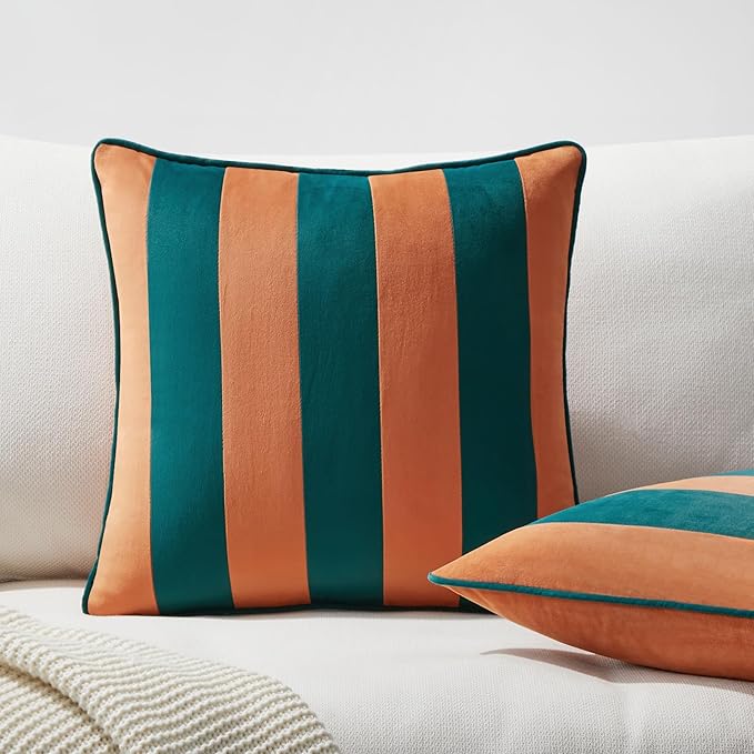 MONDAY MOOSE Decorative Throw Pillow Covers Cushion Cases, Set of 2 Soft Velvet Striped Piping Edge Designs, Pillow Inserts Not Included (Coral/Dark Teal, 20x20 inch)