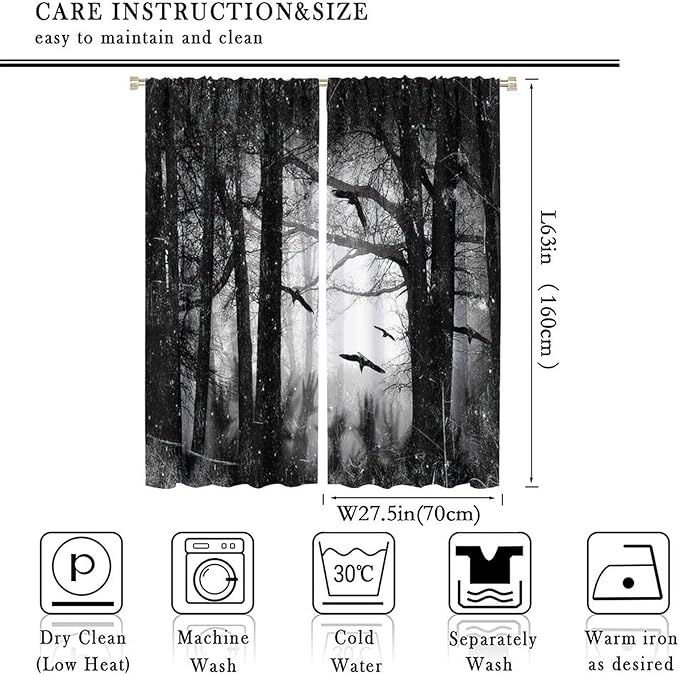 Gothic Forest Blackout Curtains, Foggy Forest Dead Trees Crow Halloween Style Black White Scary Print Window Treatments, for Bedroom Living Room 27.5(W)*63(L) 2 Panels
