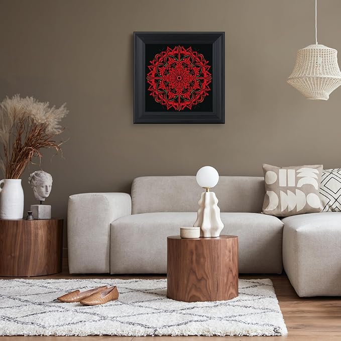 Brivoria Mandala Wall Art Home Decor, Framed Red Ember Glow Mandala Artwork, Modern Spiritual Energy Wall Decor for Living Room Dining Room Hallway or Meditation Space, Warm Decorative Accent, 16x16