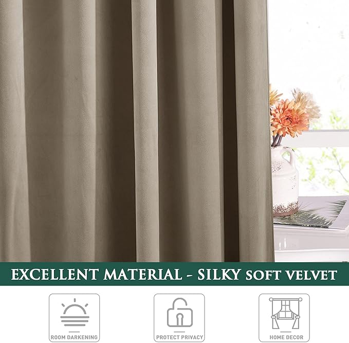 StangH Camel Beige Velvet Curtains for Living Room Sliding Door Super Soft Heavy Blackout Thermal Insulated Window Curtains for Bedroom/Boys Room/Balcony, W62 x L96, 2 Panels