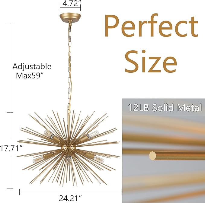 24.41" Golden Sputnik Chandelier Vintage Modern Luxury Starburst Geometric Chandelier Light Fixture Solid Metal Firework Gold Chandelier for Dining Room, Kitchen, Bedroom, E12