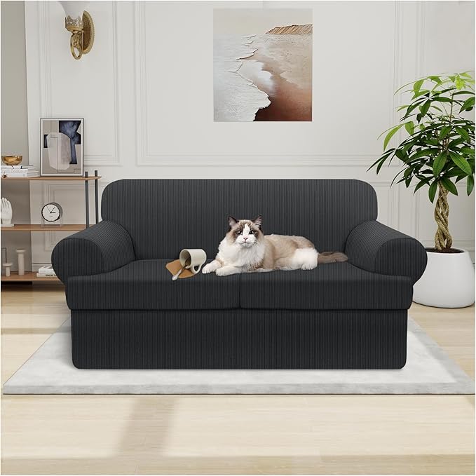 Waterproof Loveseat Cover 3-Piece Set Striped Slipcover for 2 Separate T Cushion Couch - TPU Fabric 2-Seater Sofa Covers Leakproof Couch Protector for Kids, Pets(Loveseat, Dark Gray)