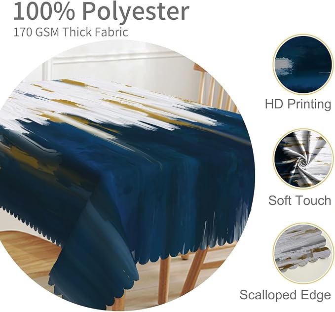 54x86inches Navy Blue White Tablecloth Abstract Brush Strokes Oil Painting Ombre Fabric Table Cloth Waterproof and Stain Resistant Rectangle Table Cover for Kitchen Dining Room Home Decor