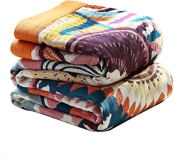 Boho Throw Blanket, 100% Organic Muslin Cotton Skin-friendly Breathable Ultra Soft Bed Quilt Throw - All Season Bohemian Decor Luxury Colorful Blanket for Sofa Couch Chair and Gift. 50" x 60"