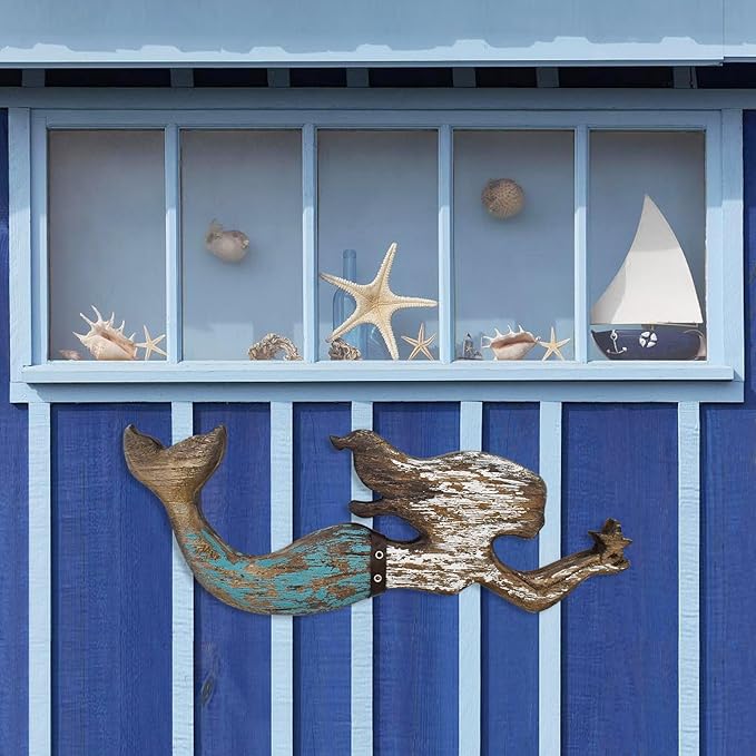 Veclotch Wood Mermaid Nautical Beach Wall Decor, Rustic Mermaid Wooden Hanging Coastal Wall Art Sculpture for Home, Lake House, Ocean Bathroom Decor, White,brown,aqua