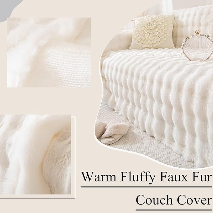 VClife Soft Plush Faux Fur Couch Cover, Warm Fuzzy White Sofa Covers for 3 Cushion Couch Sofa (71"x134") Non Slip Couch Covers for Dog Cat Washable Thick Furniture Protector for Pets
