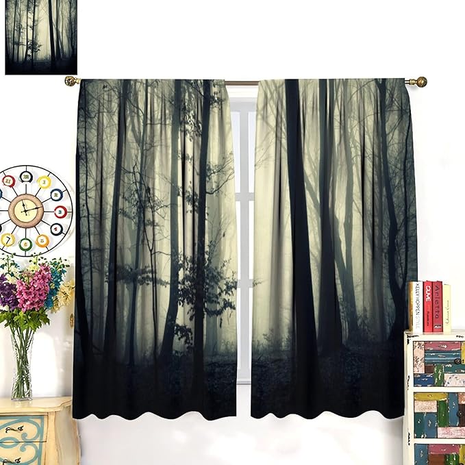 Gothic Forest Blackout Curtains, Nature Tree Scenery Foggy Woodland Landscape Art Printed Window Drapes, for Living Room Bedroom 42(W)*84(L) 2 Panels