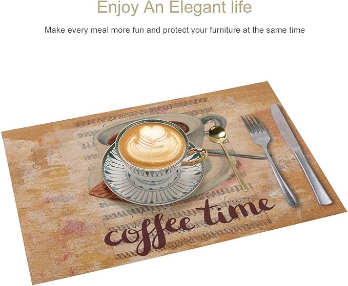 Coffee Time Placemat Set of 4, 12x18 Inch Rustic Coffee Theme Beans Leaves Vintage Farmhouse Washable Heat Resistant Table Mats for Outdoor Farmhouse Kitchen Dining Decor