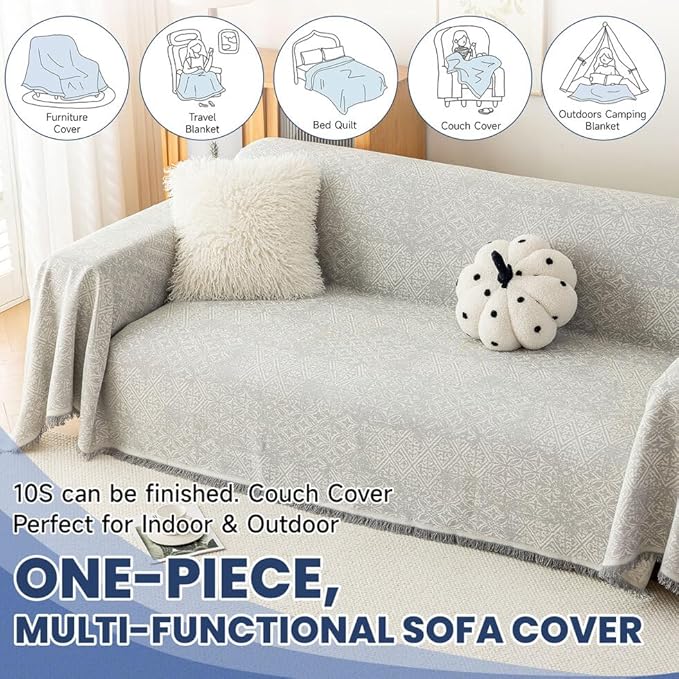 ROOMLIFE Gray Couch Cover Boho Sofa Covers for 3 Cushion Couch Washable, Furniture Protector Sofa Couch Cover for Dogs, Soft Breathable Sofa Slipcover, Couch Throw Blankets with Tassels 71''X150''