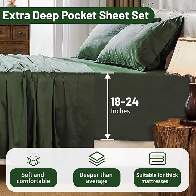 MEISHANG Extra Deep Pocket Cotton Sheets Queen Size - 100% Egyptian Cotton 1000 Thread Count - Fits 18"-24" in Deep Mattress,Oeko-Tex Certified, Soft & Breathable - 4 Piece (Queen, Forest Green)