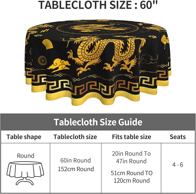 Chinese Dragon Tablecloth Round, Black Golden Traditional Zodiac Dragon Vintage Asian Style Oriental Water Resisitant Table Cover for Dining Kitchen Living Room Home Party Holiday Decor 36 inch Round