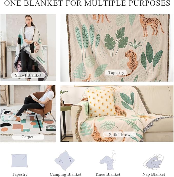 Double-Sided Cotton Woven Throw Blanket with Tassel Jungle Bohemian Style Tapestry Shawl Multi-Function Decorative Throws for Sofa Bed Armchair Camping Blanket Tablecloth Carpet 160x130cm