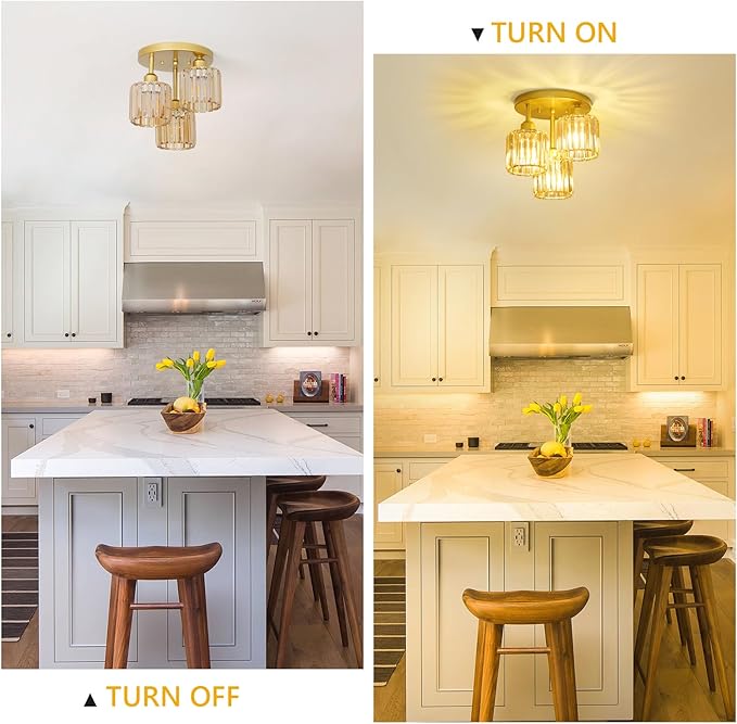 Semi Flush Mount Ceiling Light,3-Light Crystal Close to Ceiling Light Fixtures,Kitchen Light Fixture with Amber Crystal Shades,Hallway Light Fixtures for Kitchen Entryway Bedroom Bathroom