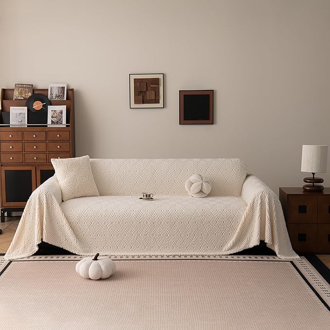 ROOMLIFE Striped Boho White Couch Cover for 2-3 Cushion Sofa, Fuzzy Plush Warm Sofa Slipcovers Sectional Sofas Covers, Non Slip Washable Furniture Protector Soft with Tassel,Winter 71''X150”