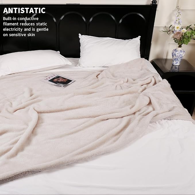 Plush Fleece Throw Blanket for Couch and Bed, Fluffy Fuzzy Cozy Soft Blankets All Season Use (50x60 Inches,Beige)