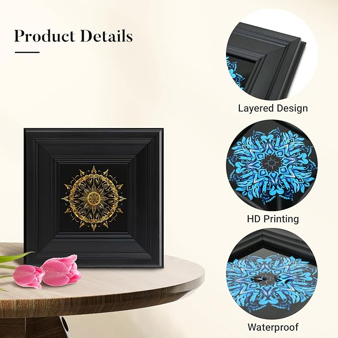 Brivoria Mandala Wall Art Home Decor, Radiant Golden Sun Mandala Design with Layered Frame Structure, Modern Spiritual Accent for Meditation Corner Desk Shelf or Bedroom, Wall and Tabletop Display,8x8