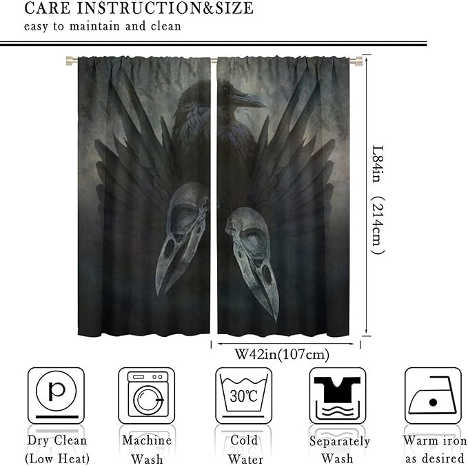 Gothic Blackout Window Curtains, Halloween Black Raven Crow Black Dark Wings Rod Pocket Window Treatments Drapes, for Living Room Bedroom 42(W)*84(L) 2 Panels